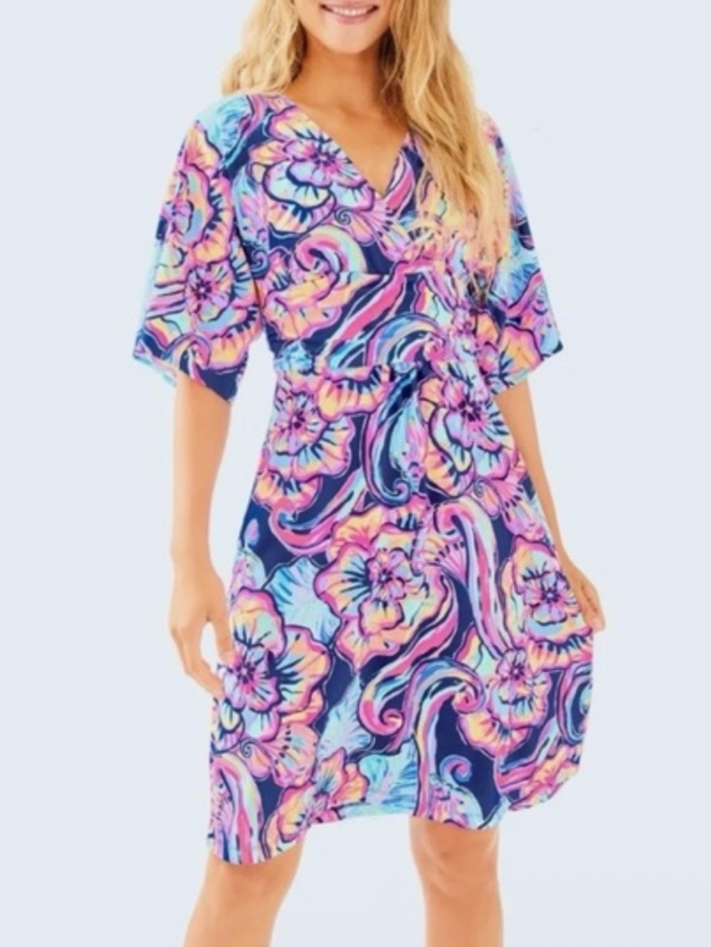 Lilly Pulitzer Parigi Dress XS Pink Blue Floral Boho V-Neck